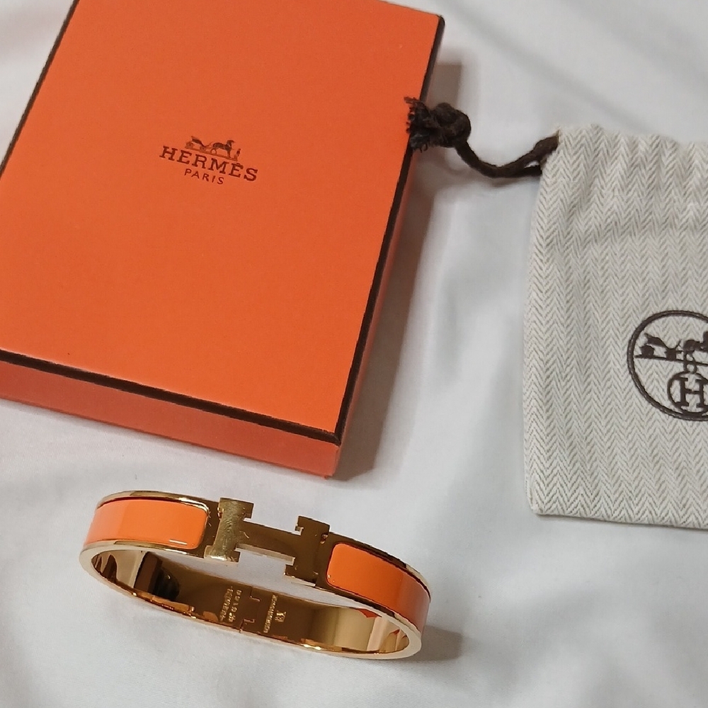Hermes Gold-Tone H Bracelet with Orange Enamel - Picture 2 of 5